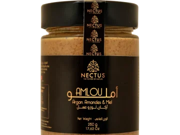 Pot d’Amlou NECTUS, pâte traditionnelle à base d’amandes grillées, d’huile d’argan alimentaire et de miel.