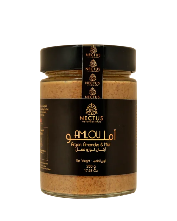 Pot d’Amlou NECTUS, pâte traditionnelle à base d’amandes grillées, d’huile d’argan alimentaire et de miel.