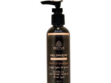 Flacon pompe NECTUS de gel douche Argan & Fleur d’oranger, 200 ml, étiquette noire or.