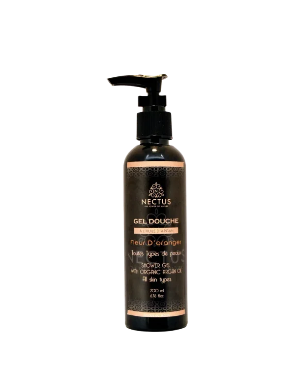 Flacon pompe NECTUS de gel douche Argan & Fleur d’oranger, 200 ml, étiquette noire or.