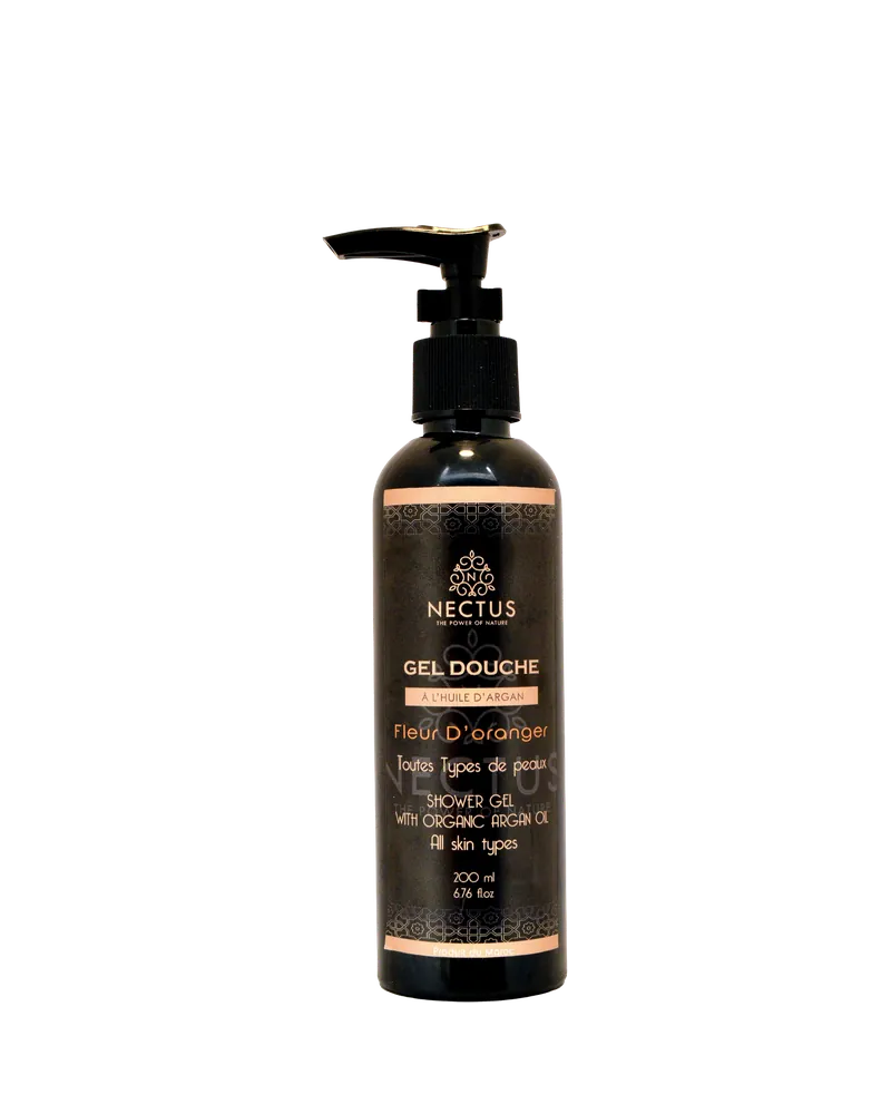 Flacon pompe NECTUS de gel douche Argan & Fleur d’oranger, 200 ml, étiquette noire or.
