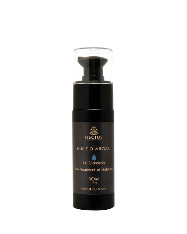 Flacon pompe noir NECTUS de 30 ml -Huile d’Argan parfumée au gardénia, soin corporel nourrissant et protecteur.