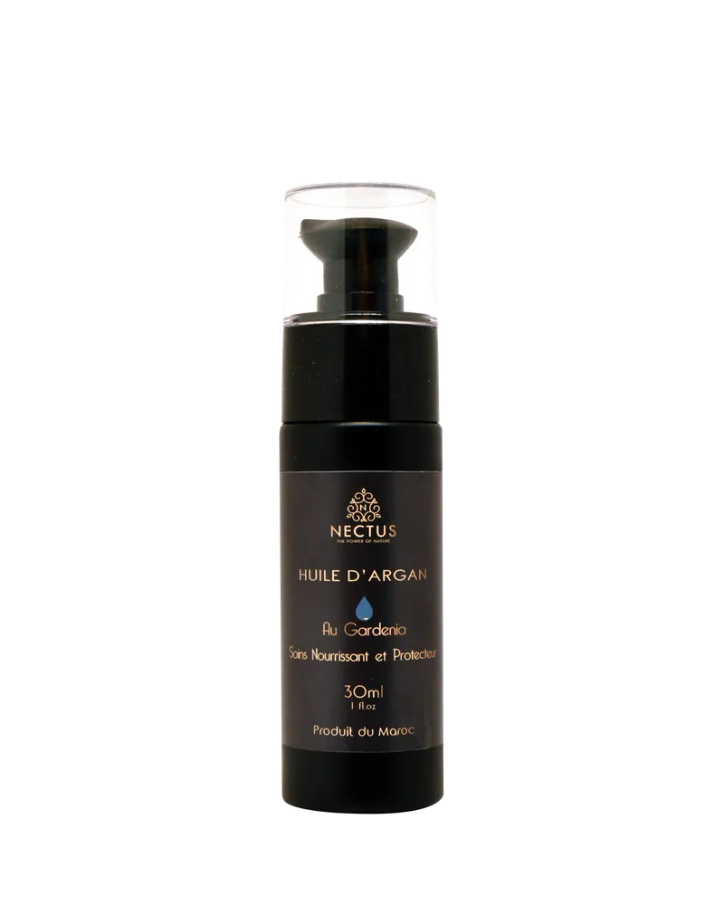 Flacon pompe noir NECTUS de 30 ml -Huile d’Argan parfumée au gardénia, soin corporel nourrissant et protecteur.