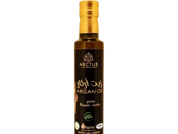 Bouteille d’huile d’argan torréfiée alimentaire NECTUS, huile ambrée pour finition à cru.