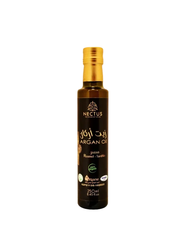Bouteille d’huile d’argan torréfiée alimentaire NECTUS, huile ambrée pour finition à cru.