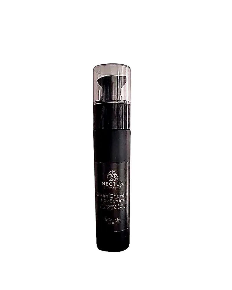 Flacon de sérum capillaire NECTUS Argan & Romarin, soin léger non gras pour brillance et anti-casse.